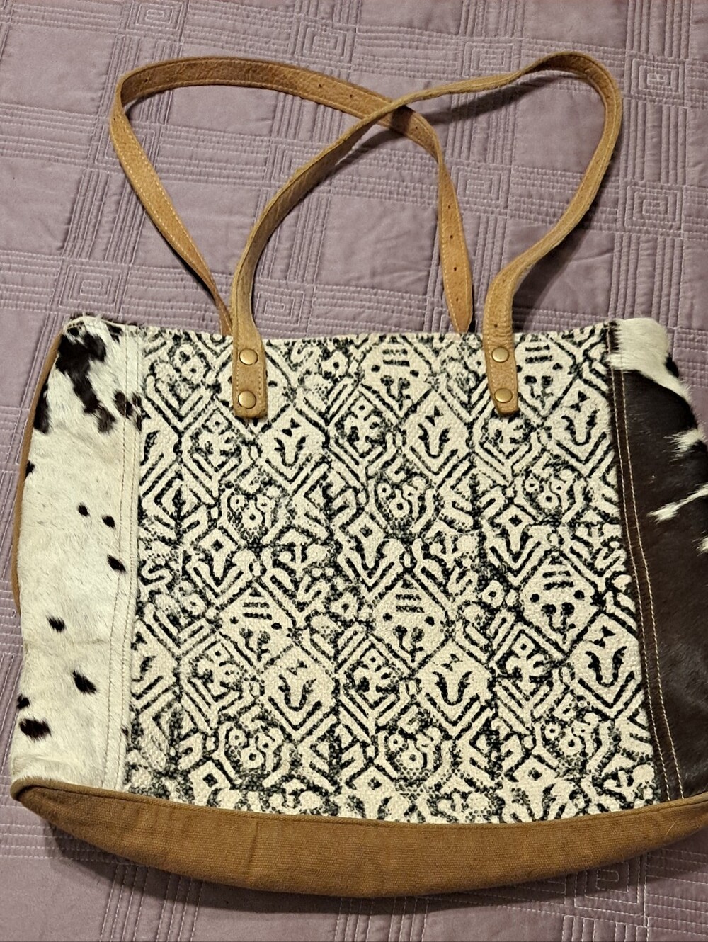 Myra Bag Black & White Patterned Tote Bag with Tan Leather Straps Faux Cow Fur